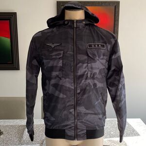 CSG. Small Hooded Bomber Jacket Camo Zip Up Ribbed Cuff Hem